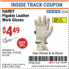 Harbor Freight ITC Coupon PIGSKIN LEATHER WORK GLOVES Lot No. 64173/57387/64174/57386/64172 Expired: 7/28/20 - $4.49