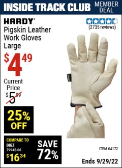 Harbor Freight ITC Coupon PIGSKIN LEATHER WORK GLOVES Lot No. 64173/57387/64174/57386/64172 Dates Valid: 12/31/69 - 9/29/22 - $4.49
