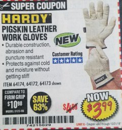 Harbor Freight Coupon PIGSKIN LEATHER WORK GLOVES Lot No. 64173/57387/64174/57386/64172 Expired: 10/31/18 - $3.99