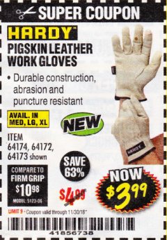 Harbor Freight Coupon PIGSKIN LEATHER WORK GLOVES Lot No. 64173/57387/64174/57386/64172 Expired: 11/30/18 - $3.99