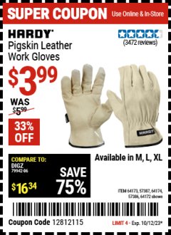 Harbor Freight Coupon PIGSKIN LEATHER WORK GLOVES Lot No. 64173/57387/64174/57386/64172 Expired: 10/13/23 - $3.99