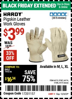 Harbor Freight Coupon PIGSKIN LEATHER WORK GLOVES Lot No. 64173/57387/64174/57386/64172 Expired: 12/3/23 - $3.99