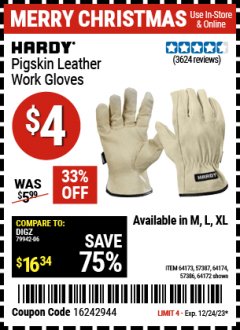 Harbor Freight Coupon PIGSKIN LEATHER WORK GLOVES Lot No. 64173/57387/64174/57386/64172 Expired: 12/24/23 - $4