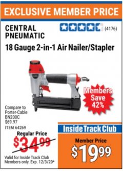 Harbor Freight ITC Coupon 18 GAUGE, 2-IN-1 NAILER/STAPLER Lot No. 63156/64269/68019 Expired: 12/3/20 - $19.99