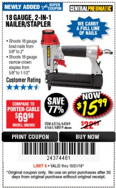Harbor Freight Coupon 18 GAUGE, 2-IN-1 NAILER/STAPLER Lot No. 63156/64269/68019 Expired: 10/21/18 - $15.99