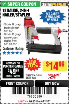 Harbor Freight Coupon 18 GAUGE, 2-IN-1 NAILER/STAPLER Lot No. 63156/64269/68019 Expired: 4/21/19 - $14.99