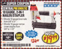 Harbor Freight Coupon 18 GAUGE, 2-IN-1 NAILER/STAPLER Lot No. 63156/64269/68019 Expired: 10/31/19 - $19.99
