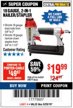 Harbor Freight Coupon 18 GAUGE, 2-IN-1 NAILER/STAPLER Lot No. 63156/64269/68019 Expired: 9/30/19 - $19.99