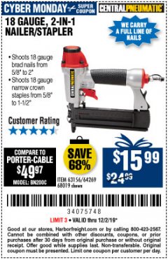 Harbor Freight Coupon 18 GAUGE, 2-IN-1 NAILER/STAPLER Lot No. 63156/64269/68019 Expired: 12/2/19 - $15.99