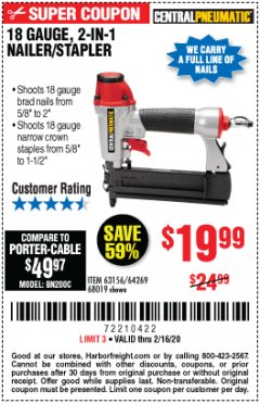Harbor Freight Coupon 18 GAUGE, 2-IN-1 NAILER/STAPLER Lot No. 63156/64269/68019 Expired: 2/16/20 - $19.99