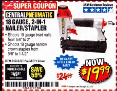 Harbor Freight Coupon 18 GAUGE, 2-IN-1 NAILER/STAPLER Lot No. 63156/64269/68019 Expired: 3/31/20 - $19.99