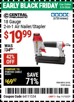 Harbor Freight Coupon 18 GAUGE, 2-IN-1 NAILER/STAPLER Lot No. 63156/64269/68019 Expired: 11/13/22 - $19.99