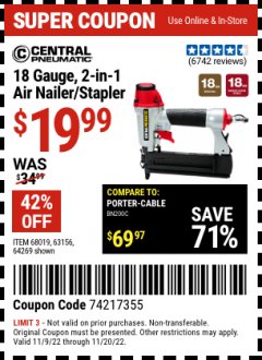 Harbor Freight Coupon 18 GAUGE, 2-IN-1 NAILER/STAPLER Lot No. 63156/64269/68019 Expired: 11/20/22 - $19.99