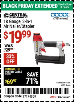 Harbor Freight Coupon 18 GAUGE, 2-IN-1 NAILER/STAPLER Lot No. 63156/64269/68019 Expired: 12/3/23 - $19.99