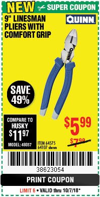 Harbor Freight Coupon 9" LINESMAN PLIERS WITH COMFORT GRIP Lot No. 64107/64575 Expired: 10/7/18 - $5.99
