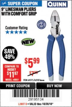 Harbor Freight Coupon 9" LINESMAN PLIERS WITH COMFORT GRIP Lot No. 64107/64575 Expired: 10/28/18 - $5.99