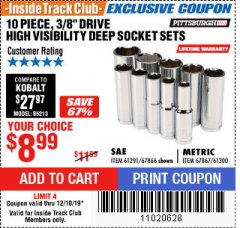 Harbor Freight ITC Coupon 10 PIECE 3/8" DRIVE HIGH VISIBILITY DEEP SOCKET SETS Lot No. 67866/61291/67867/61300 Expired: 12/10/19 - $8.99