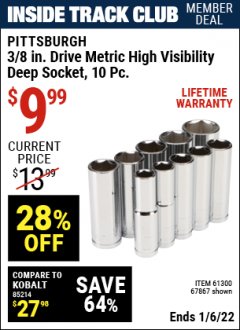 Harbor Freight ITC Coupon 10 PIECE 3/8" DRIVE HIGH VISIBILITY DEEP SOCKET SETS Lot No. 67866/61291/67867/61300 Expired: 1/6/22 - $9.99