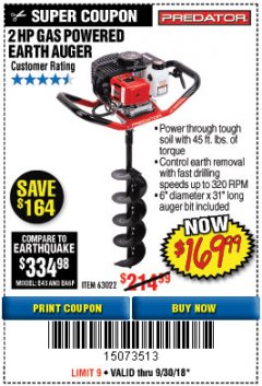 Harbor Freight Coupon PREDATOR 2 HP GAS POWERED EARTH AUGER WITH 6" BIT Lot No. 63022/56257 Expired: 9/30/18 - $169.99
