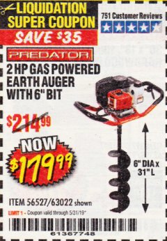 Harbor Freight Coupon PREDATOR 2 HP GAS POWERED EARTH AUGER WITH 6" BIT Lot No. 63022/56257 Expired: 5/31/19 - $179.99