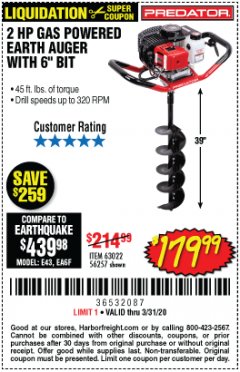 Harbor Freight Coupon PREDATOR 2 HP GAS POWERED EARTH AUGER WITH 6" BIT Lot No. 63022/56257 Expired: 3/31/20 - $179.99