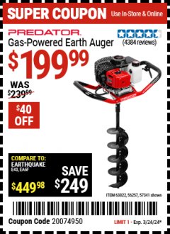 Harbor Freight Coupon PREDATOR 2 HP GAS POWERED EARTH AUGER WITH 6" BIT Lot No. 63022/56257 Expired: 3/24/24 - $199.99