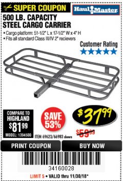 Harbor Freight Coupon STEEL CARGO CARRIER Lot No. 66983/69623 Expired: 11/30/18 - $37.99