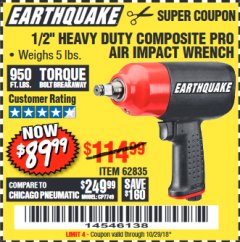 Harbor Freight Coupon 1/2" HEAVY DUTY COMPOSITE PRO AIR IMPACT WRENCH Lot No. 62835 Expired: 10/29/18 - $89.99