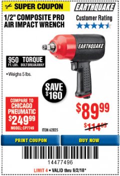 Harbor Freight Coupon 1/2" HEAVY DUTY COMPOSITE PRO AIR IMPACT WRENCH Lot No. 62835 Expired: 9/2/18 - $89.99