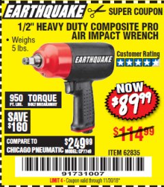 Harbor Freight Coupon 1/2" HEAVY DUTY COMPOSITE PRO AIR IMPACT WRENCH Lot No. 62835 Expired: 11/30/18 - $89.99