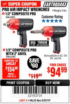 Harbor Freight Coupon 1/2" HEAVY DUTY COMPOSITE PRO AIR IMPACT WRENCH Lot No. 62835 Expired: 6/23/19 - $94.99