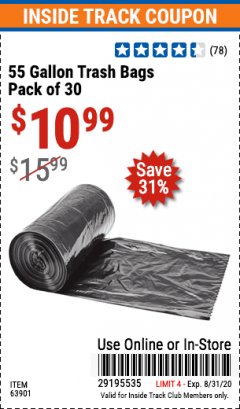 Harbor Freight ITC Coupon 55 GALLON TRASH BAGS Lot No. 63901 Expired: 8/31/20 - $10.99