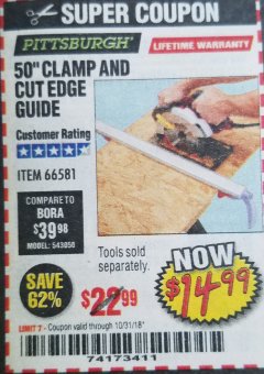Harbor Freight Coupon 50" CLAMP AND CUT EDGE GUIDE Lot No. 66581 Expired: 10/31/18 - $14.99