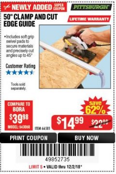 Harbor Freight Coupon 50" CLAMP AND CUT EDGE GUIDE Lot No. 66581 Expired: 12/2/18 - $14.99