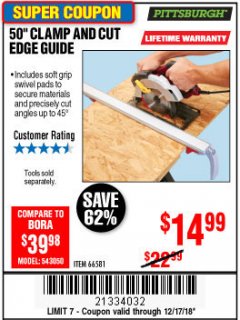 Harbor Freight Coupon 50" CLAMP AND CUT EDGE GUIDE Lot No. 66581 Expired: 12/17/18 - $14.99