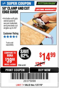 Harbor Freight Coupon 50" CLAMP AND CUT EDGE GUIDE Lot No. 66581 Expired: 1/27/19 - $14.99