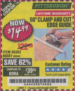 Harbor Freight Coupon 50" CLAMP AND CUT EDGE GUIDE Lot No. 66581 Expired: 4/13/19 - $14.99
