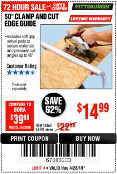 Harbor Freight Coupon 50" CLAMP AND CUT EDGE GUIDE Lot No. 66581 Expired: 4/28/19 - $14.99