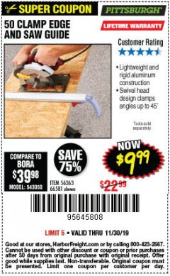 Harbor Freight Coupon 50" CLAMP AND CUT EDGE GUIDE Lot No. 66581 Expired: 11/30/19 - $9.99