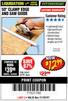 Harbor Freight Coupon 50" CLAMP AND CUT EDGE GUIDE Lot No. 66581 Expired: 11/10/19 - $12.99