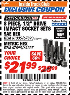Harbor Freight ITC Coupon 8 PIECE, 1/2" DRIVE IMPACT SOCKET SET SAE HEX Lot No. 67895/61337 Expired: 7/31/18 - $21.99