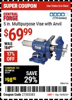 Harbor Freight Coupon 5" MULTI-PURPOSE VISE Lot No. 67415/61163/64413 Expired: 10/30/22 - $69.99