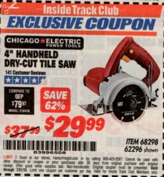 Harbor Freight ITC Coupon 4" HANDHELD DRY-CUT TILE SAW Lot No. 68298/62296 Expired: 7/31/19 - $29.99