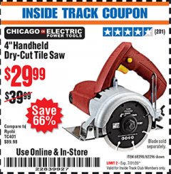 Harbor Freight ITC Coupon 4" HANDHELD DRY-CUT TILE SAW Lot No. 68298/62296 Expired: 7/31/20 - $29.99