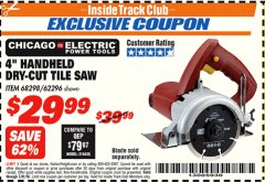 Harbor Freight ITC Coupon 4" HANDHELD DRY-CUT TILE SAW Lot No. 68298/62296 Expired: 7/31/18 - $29.99