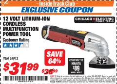 Harbor Freight ITC Coupon 12 VOLT LITHIUM-ION CORDLESS MULTIFUNCTION POWER TOOL Lot No. 68012 Expired: 11/30/18 - $31.99