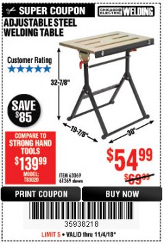 Harbor Freight Coupon ADJUSTABLE STEEL WELDING TABLE Lot No. 63069/61369 Expired: 11/4/18 - $54.99