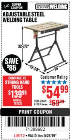 Harbor Freight Coupon ADJUSTABLE STEEL WELDING TABLE Lot No. 63069/61369 Expired: 5/26/19 - $54.99