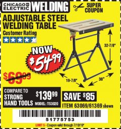 Harbor Freight Coupon ADJUSTABLE STEEL WELDING TABLE Lot No. 63069/61369 Expired: 7/19/19 - $54.99