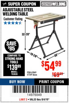 Harbor Freight Coupon ADJUSTABLE STEEL WELDING TABLE Lot No. 63069/61369 Expired: 8/4/19 - $54.99